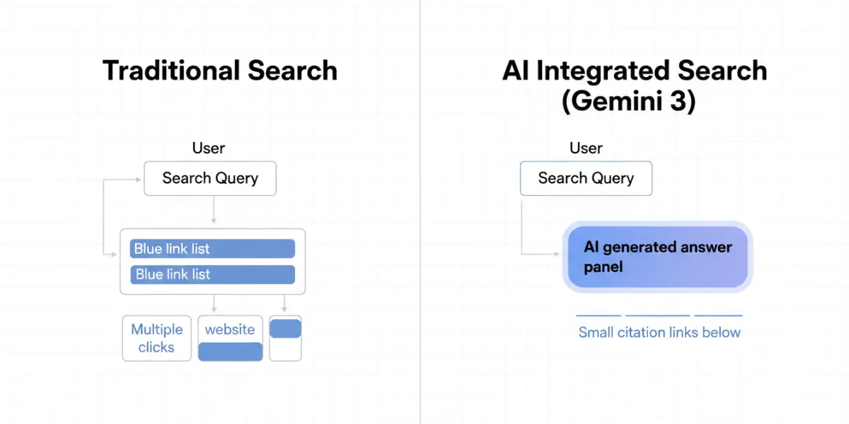 Gemini 3統合による検索構造の変化（従来のリンク検索からAI回答中心へ）