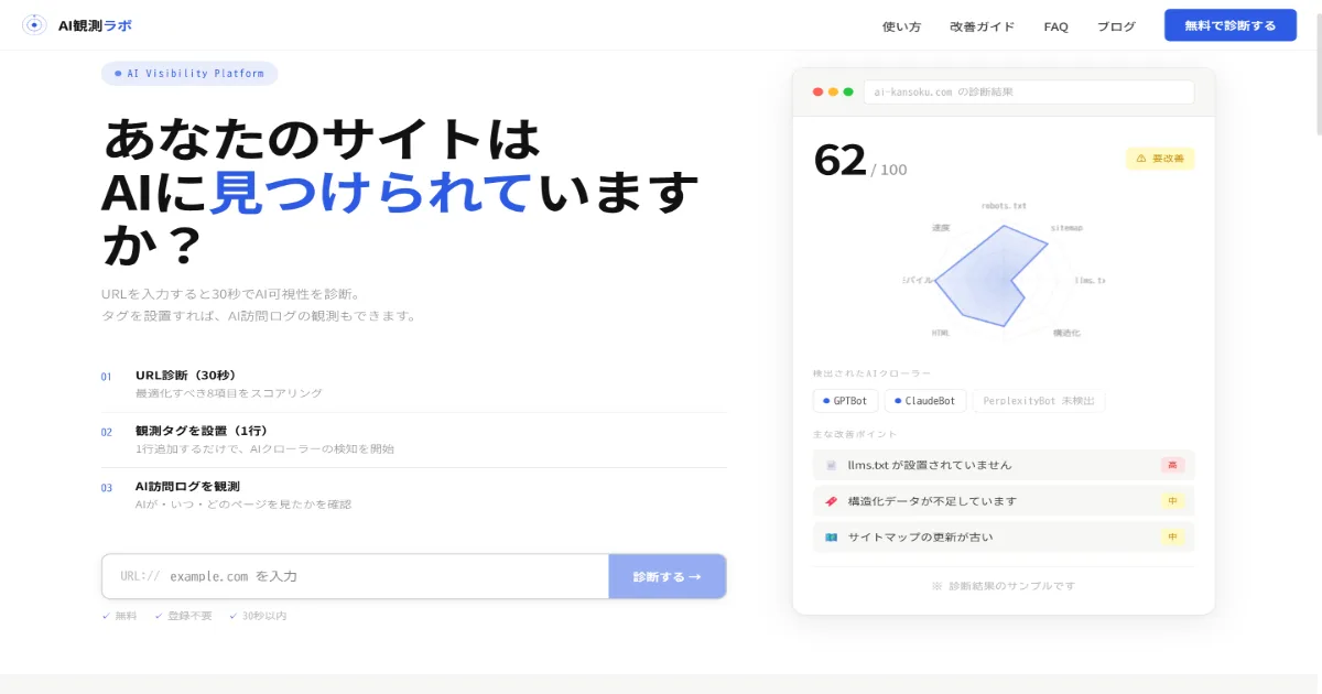 AIクローラー可視性診断ツールのスクリーンショット。URLを入力するだけでAIクローラーへの可視性を診断できる