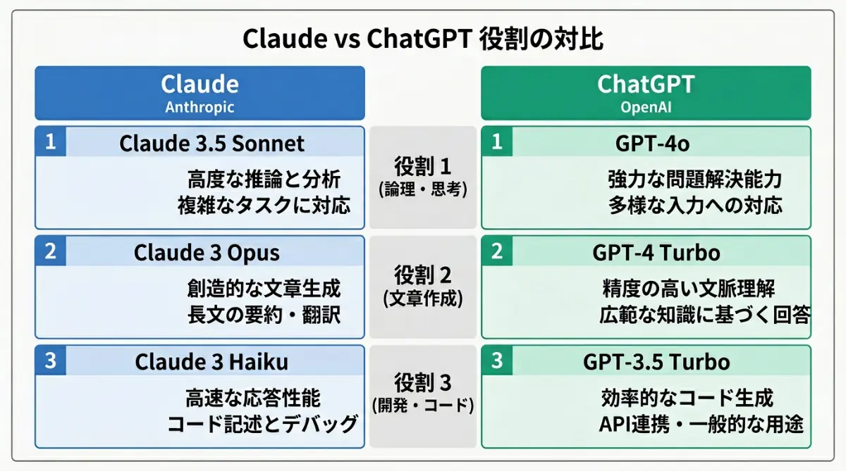 ClaudeとChatGPTのボット構造比較。学習・リアルタイム取得・検索インデックスの3役割をそれぞれ別のボットが担っている