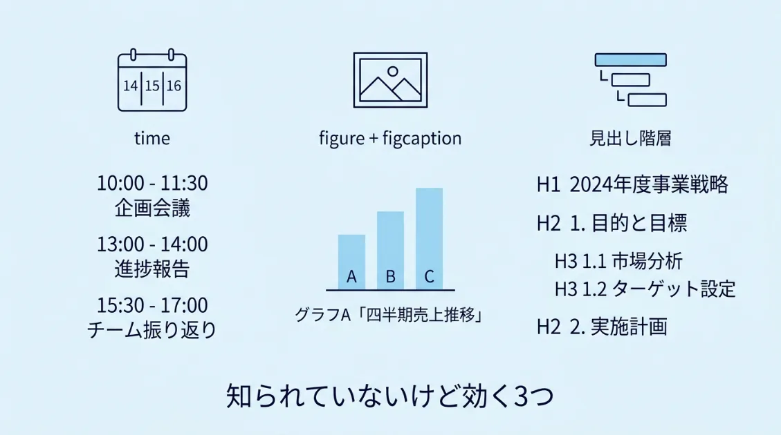 知られていないけど効く3つの実装を示す図。timeタグ・figure＋figcaption・見出し階層の3項目を細線のアイコンとラベルで横並びに図解している。