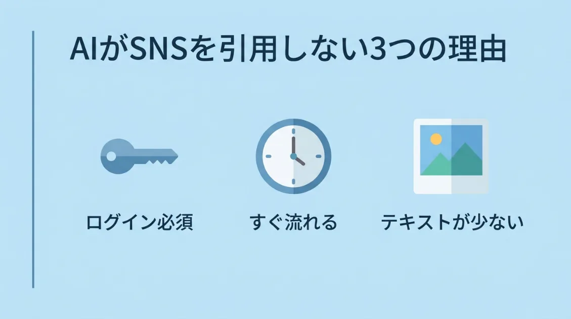 AIがSNSを引用しない3つの理由。ログイン必須・すぐ流れる・テキストが少ない