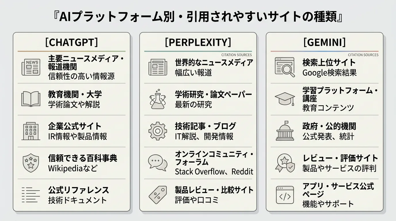 ChatGPT・Perplexity・Geminiの引用元の違いを3列で比較した図解。ChatGPTはWikipedia系、PerplexityはReddit系、GeminiはYouTube系が多い