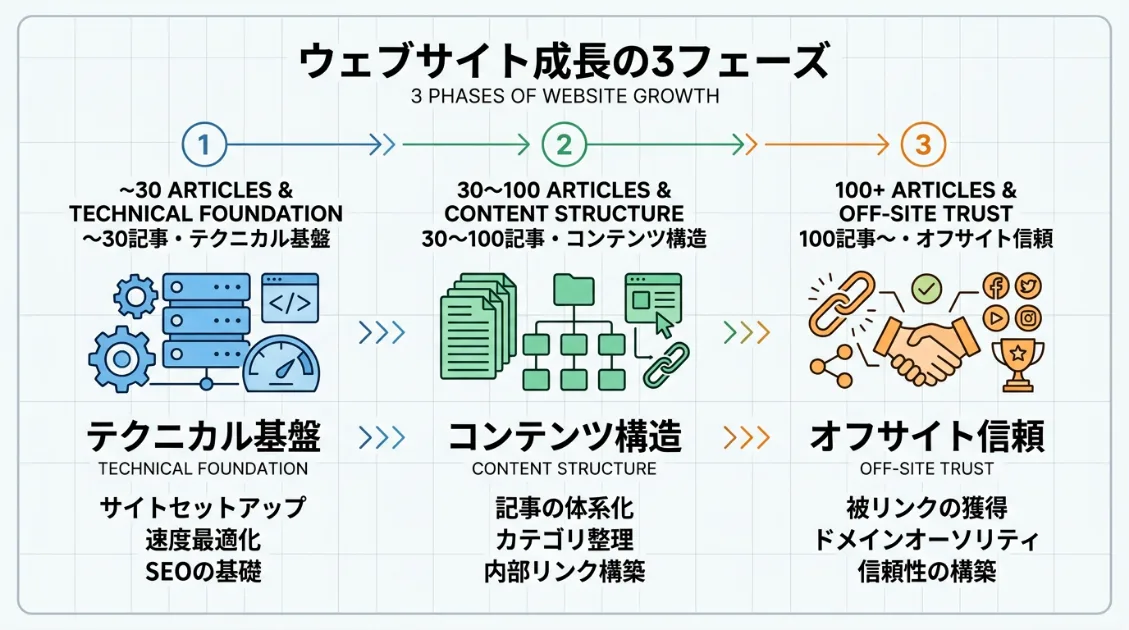 サイトの記事数によって3つのフェーズに分かれ、フェーズごとにAIに引用されない原因と対策が異なることを示した図解