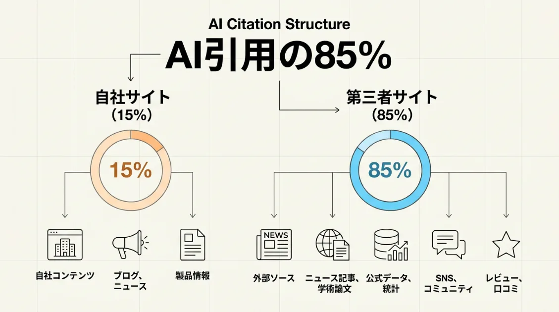 AI引用の85%は第三者サイトから発生しており、自社サイトからの引用は15%にとどまることを示した図解