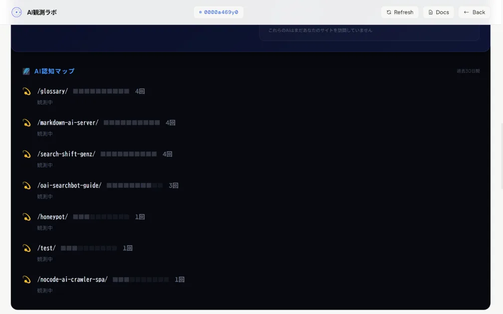 AI観測ラボのAI認知マップ。URLごとのAIクローラー訪問回数が一覧表示されている