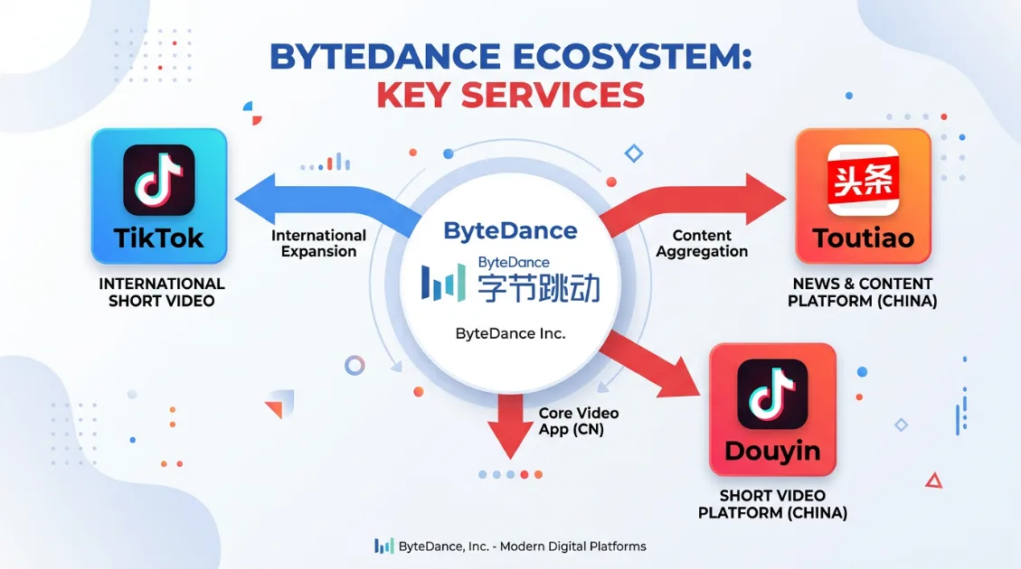 ByteDanceが運営するTikTok・Doubao・今日頭条の関係を示した図解