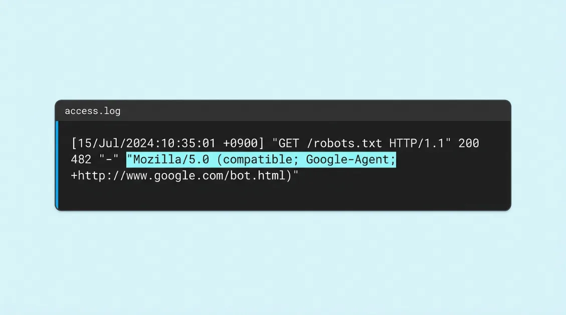 サーバーログにGoogle-Agentのアクセスが記録された様子。User-Agent文字列の末尾にcompatible; Google-Agentという文字列が含まれている