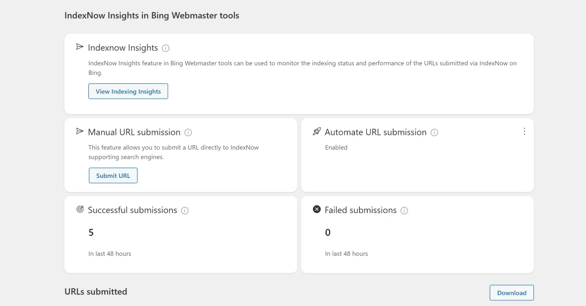 IndexNow Pluginの設定画面。APIキーが自動生成される。