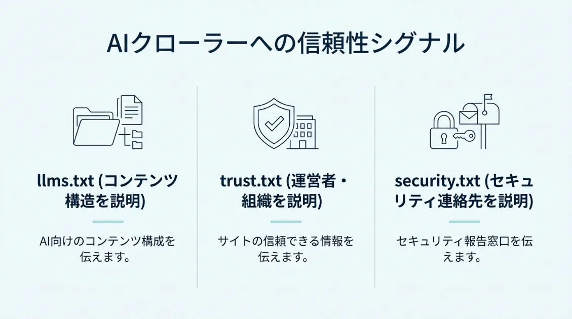 llms.txt・trust.txt・security.txtの役割の違いを示した図解