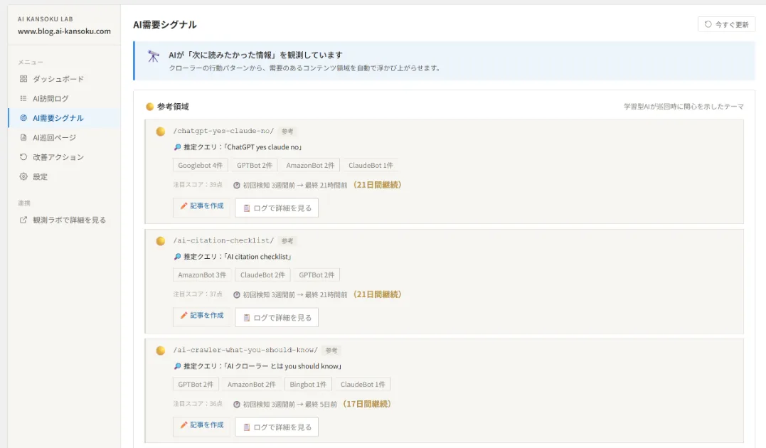 AI Kansoku Lab TrackerのAI需要シグナル画面。AIが関心を示しているコンテンツ領域と推定クエリが表示されている