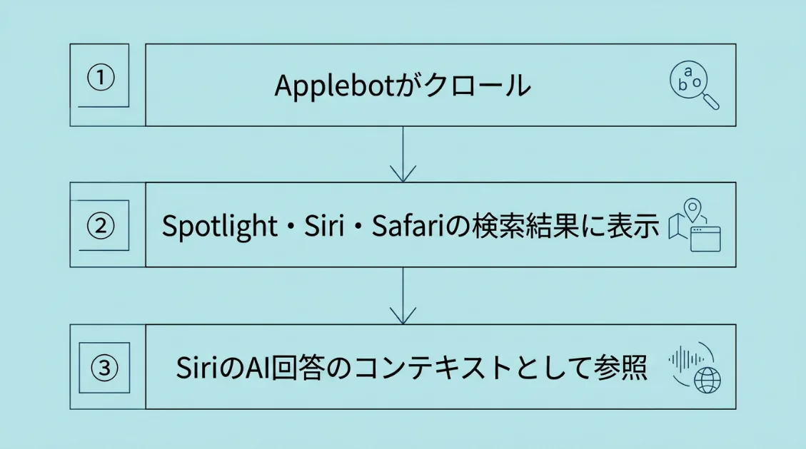 ApplebotのクロールデータがSpotlight・Siri検索・SiriのAI回答に使われる3段階のフロー図