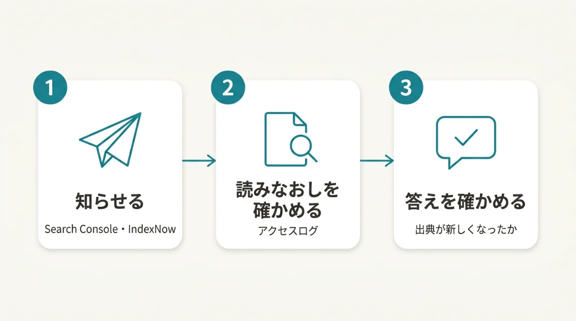 サイトを直したあとの3つのステップ。検索サービスに知らせる、読みなおしに来たかをアクセスログで確かめる、AIの答えをもう一度確かめる