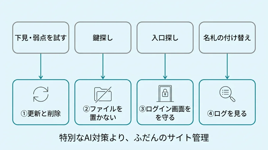 攻撃の4つの段階と、それぞれを止める4つの対策（更新と削除、ファイルを置かない、ログイン画面を守る、ログを見る）を対応させた図解